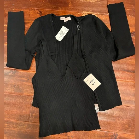 FAME NWT Two Pc Set Black Women's Cardigan & Top, Medium - Picture 1 of 6